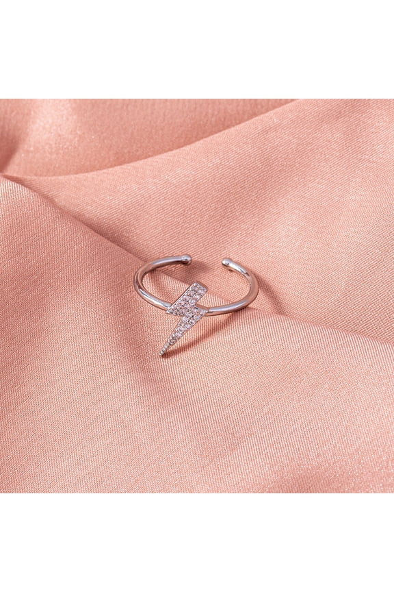 Adjustable Micro-Inlaid Zircon Lightning Ring, Copper Electroplated European Style, Simple Opening Design for Daily Wear