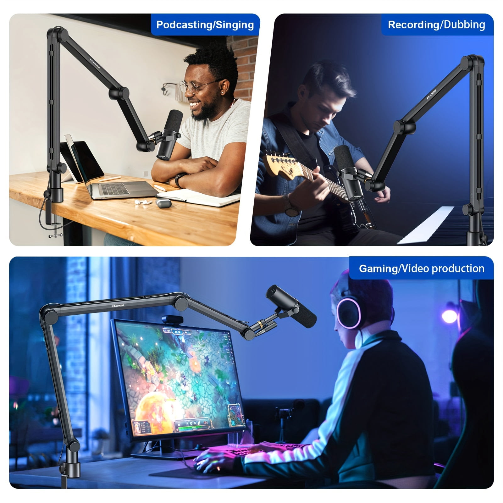 Adjustable Microphone Boom Arm with Cable Management, Desk Clip & 3 Flexible Sections for Multi-Installation