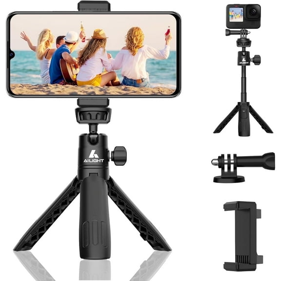Adjustable Mini Tripod Stand for Camera & GoPro & Smartphone, Extendtable Selfie Stick Tripod with Gopro & Phone Holder
