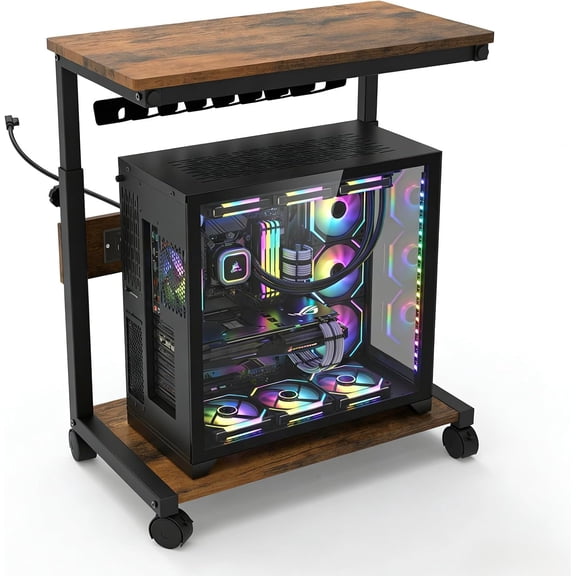 Adjustable Mobile CPU Stand with Power Outlet 2-Tier Rolling Computer Tower Cart with Wheels Wood and Steel PC Holder for Home Office Brown