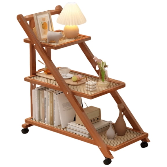 Adjustable Mobile End Table - 3-Tier Storage Shelves with Wheels, Collapsible Bamboo Design for Living Room, Bedroom, and Bedside Use