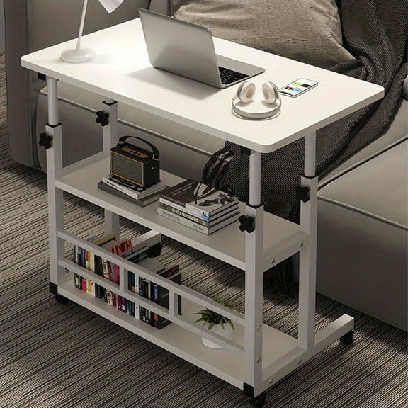 Adjustable Mobile Laptop Desk - Rolling Computer Table with Wheels | Heavy-Duty Metal for Bedroom/Office | White Space-Saving Design