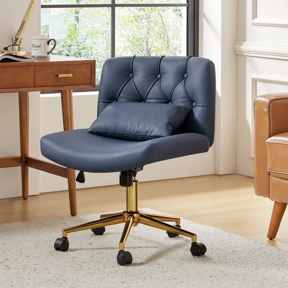 Modern Home Office Chair Adjustable Armless Swivel Leather Desk Task Chair for Makeup Vanity Blue