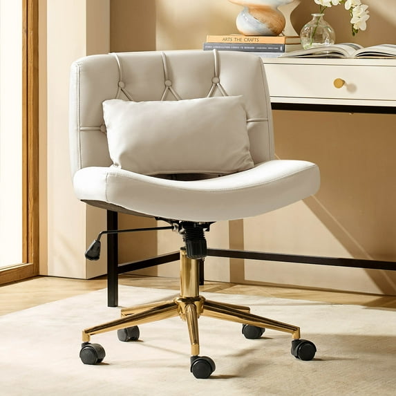 Modern Home Office Chair Adjustable Armless Swivel Leather Desk Task Chair for Makeup Vanity Tan