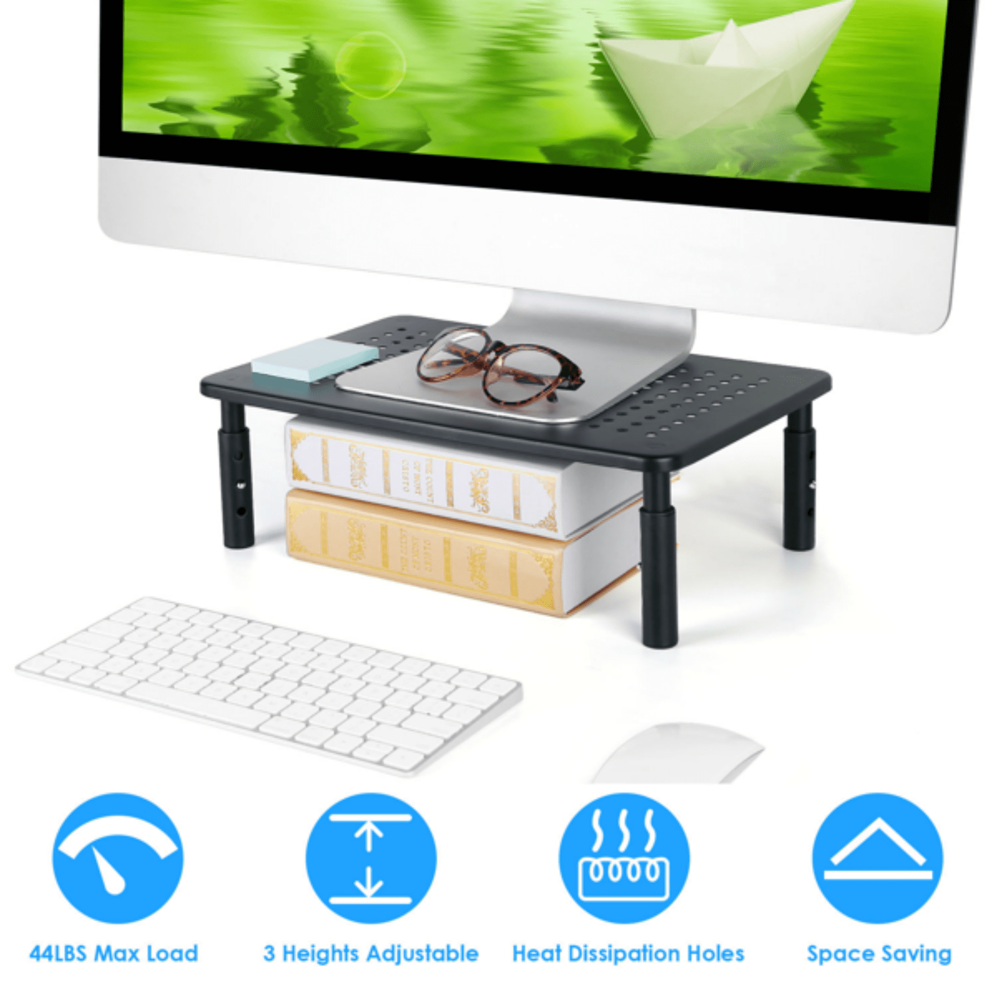 Adjustable Monitor Riser Stand, 3‑Level Height Adjustable Metal Monitor Stand with Ventilated Mesh Platform, 44 Lbs Capacity for Monitor, Laptop, Printer
