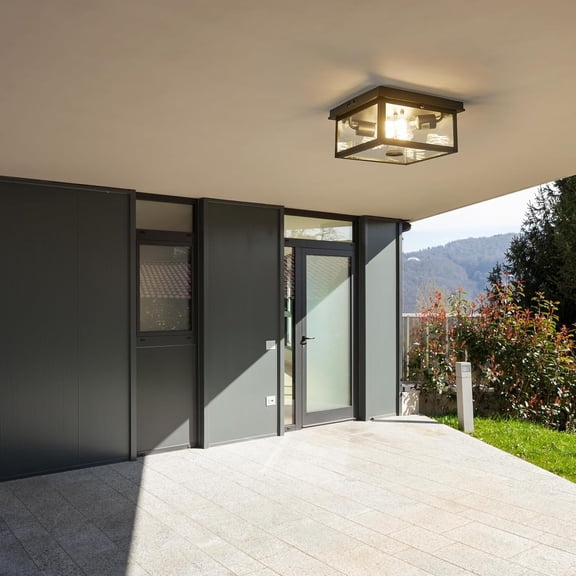 Adjustable Motion Sensor Ceiling Light Fixture Outdoor Modern Design of Squares Flush Mount 2-Light Textured Black with Clear Glass for Your Porch, Garage, , Hallway, Front and Back Yards