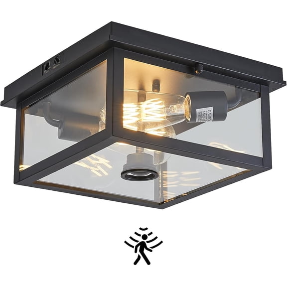 Adjustable Motion Sensor Ceiling Light Fixture Outdoor Modern Design of Squares Flush Mount 2-Light Textured Black with Clear Glass for Your Porch,Garage,Patio,Hallway,Front and Yards