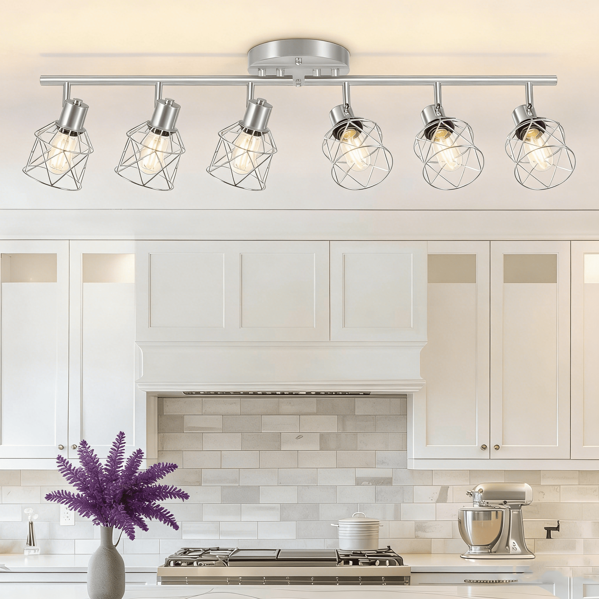 Adjustable Multi-Directional Brushed Nickel Light Fixtures, Semi Flush Mount Ceiling Light, Kitchen Light Fixtures Ceiling Mount, Geometric Metal Cage Industrial Spotlight Fixtures
