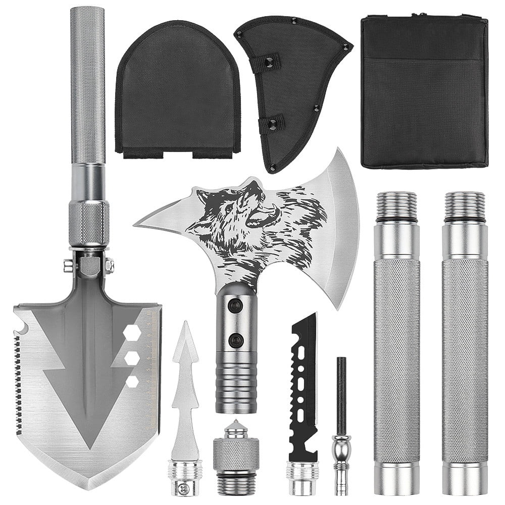 LIANTRAL Camping Shovel Axe Set- Folding Portable Multi Tool Survival Kits  with Tactical Waist Pack, Camping Axe Military Shovel Black