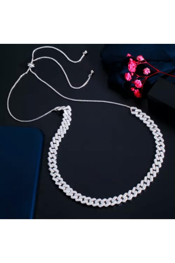Adjustable Multicolor Cluster CZ Women Cuban Chain Necklace Punk Hip Hop Jewelry