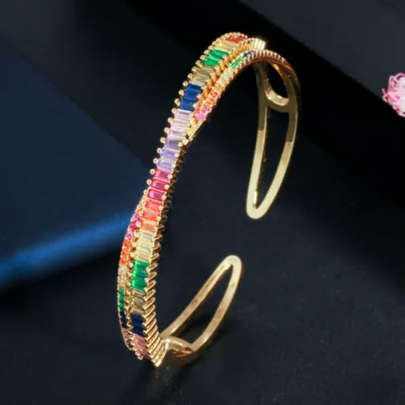 Adjustable Multicolor Gold Plated CZ Baguette Rainbow Open Cuff Bangle for Women