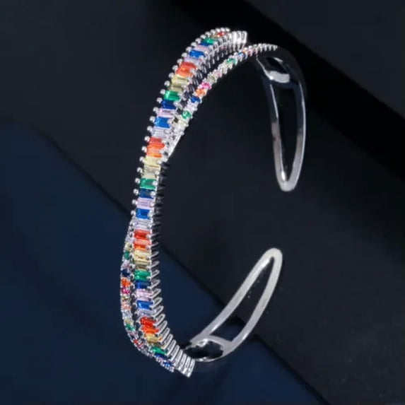 Adjustable Multicolored Gold Plated CZ Rainbow Open Cuff Bangle Fashion Jewelry