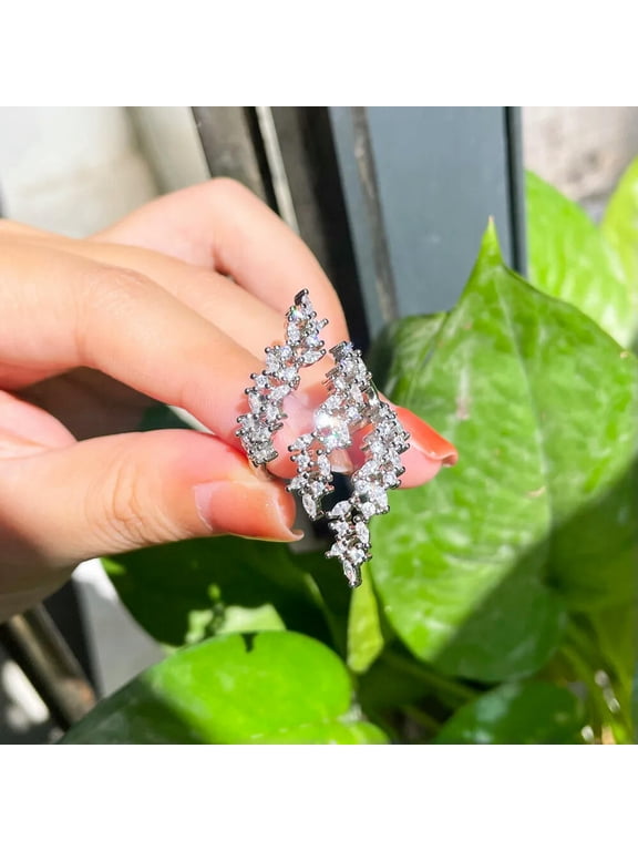 Adjustable Multiple CZ Leaf Long Wrap Finger Ring White Gold Plated Jewelry Gift