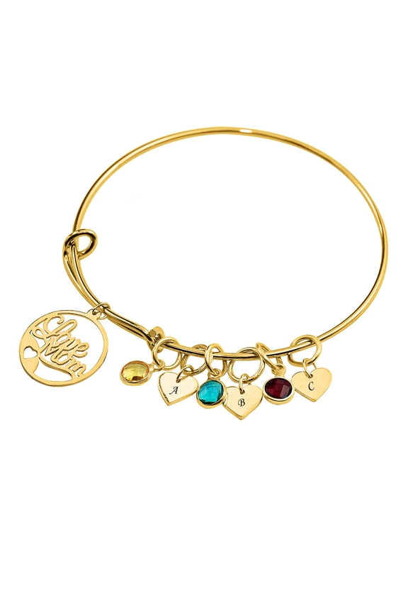 Adjustable Name Bangle Bracelet. Love Mom. With Up To Three Initials and Three Birthstones.