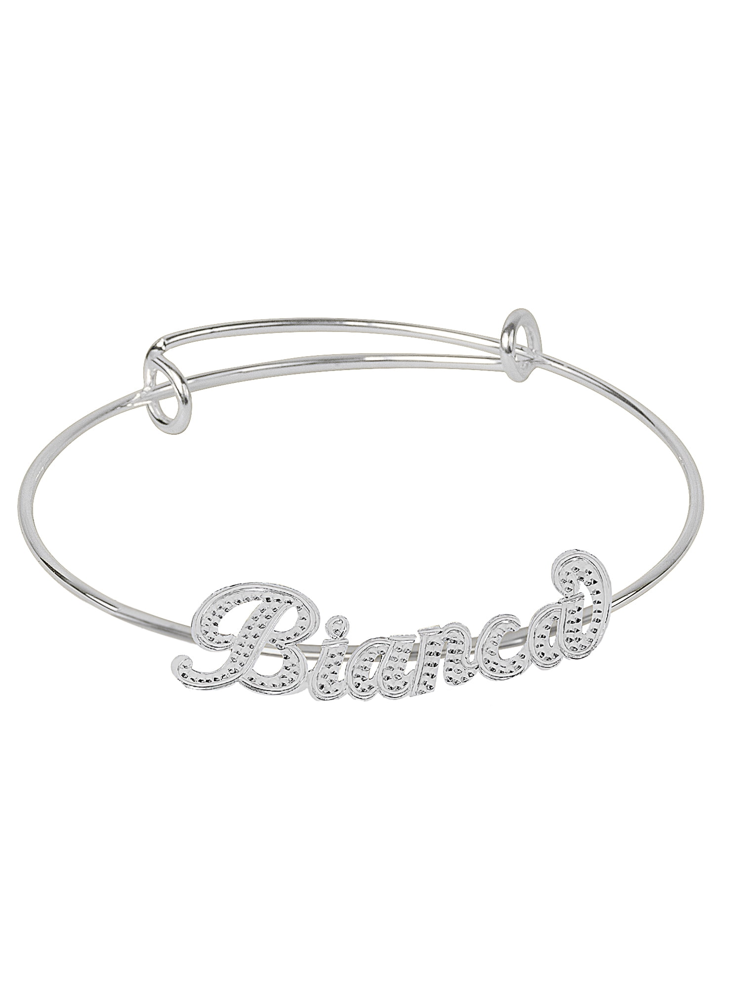 Adjustable Name Bangle Bracelet. With Beading and Rhodium