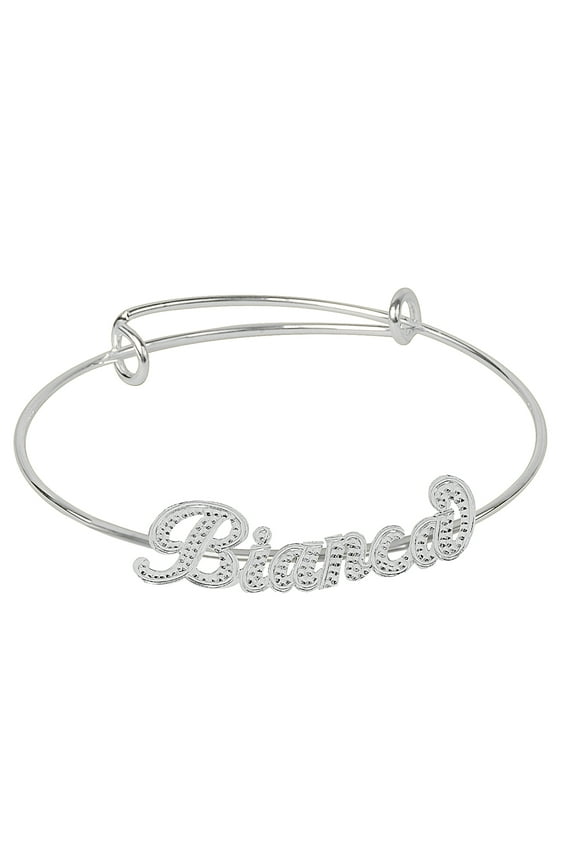 Adjustable Name Bangle Bracelet. With Beading and Rhodium