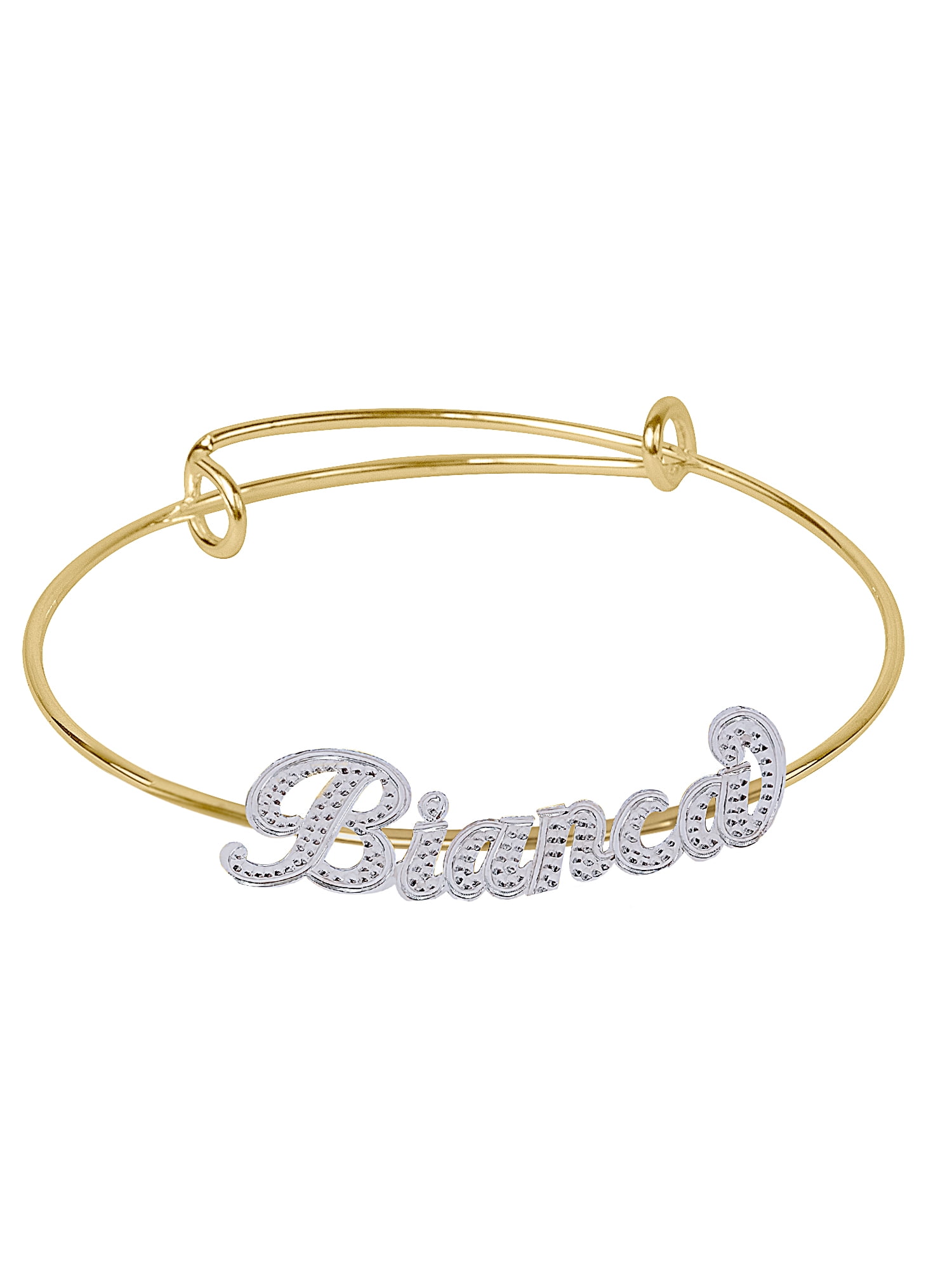 Adjustable Name Bangle Bracelet. With Beading and Rhodium