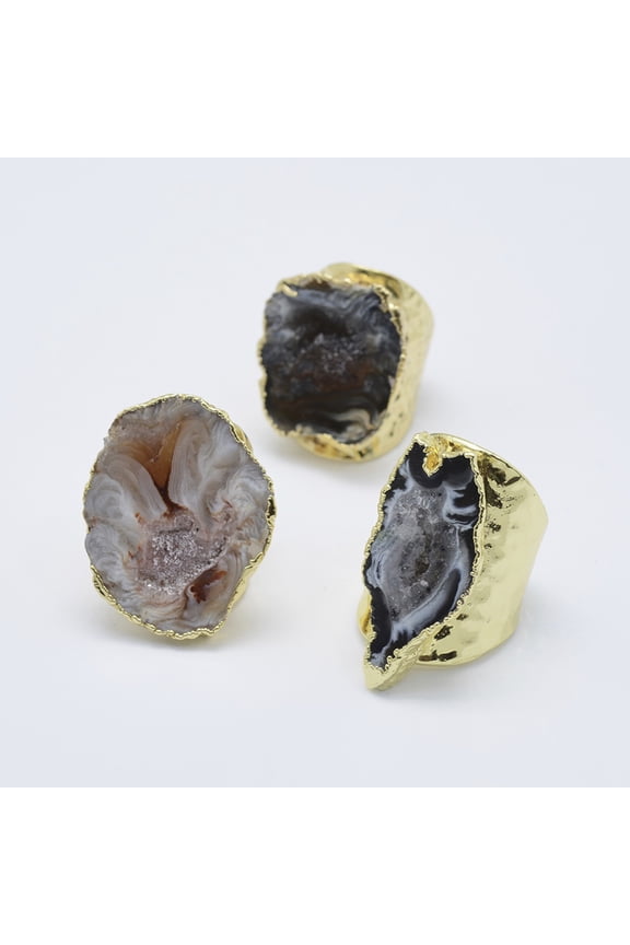 Adjustable Natural Druzy Agate Cuff Finger Rings Wide Band Rings with Golden Tone Brass Findings Size 7 Size 7~9 17~19mm