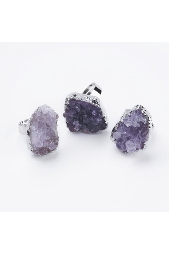 Adjustable Natural Druzy Amethyst Finger Rings Size 8 Platinum 18mm Size 8