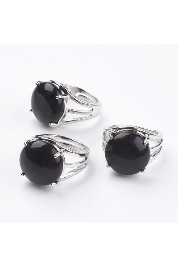 Adjustable Natural Dyed & Heated Black Agate Finger Rings with Brass Findings Size 7 1/4(17.5mm) DIY