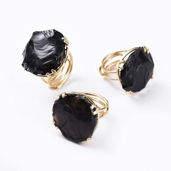 Adjustable Natural Rough Raw Obsidian Finger Rings with Brass Findings Golden Size 8~9 18~19.5mm