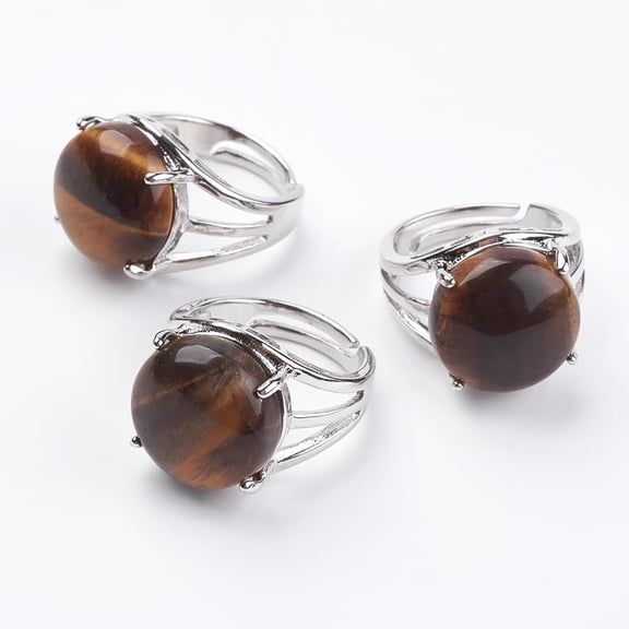 Adjustable Natural Tiger Eye Finger Rings With Brass Findings Us Size 7 Inner Diameter 17.5mm For Women