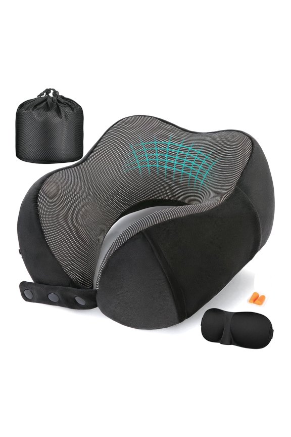 Adjustable Neck Pillow for Traveling, 100% Pure Memory Foam Travel Pillows for Airplanes, Portable Plane Accessories with Eye Mask & Earplugs, Comfortable Flight Pillow for Long Trips