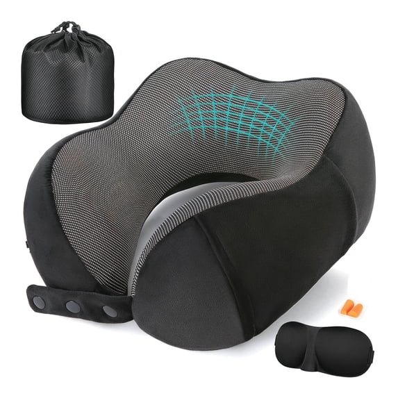 Adjustable Neck Pillow for Traveling, 100% Pure Memory Foam Travel Pillows for Airplanes, Portable Plane Accessories with Eye Mask & Earplugs, Comfortable Flight Pillow for Long Trips