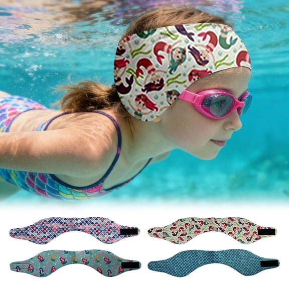 Adjustable Neoprene Swimming Headband 4-Pack - Mermaid & Scale Print Ear Protection for Kids & Adults (Waterproof, Windproof)