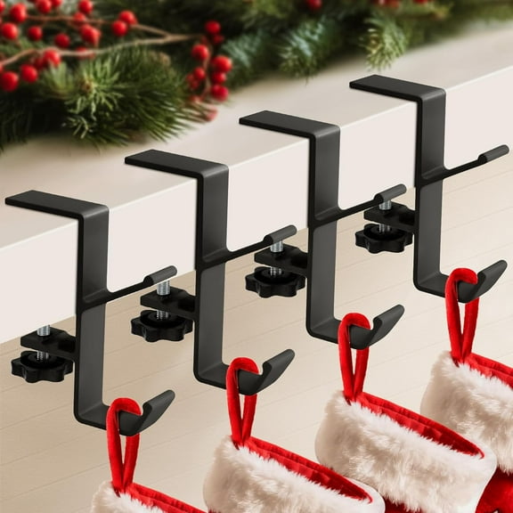 Adjustable, No-Drill Mantel Stocking Hanger - 2-in-1 Garland & Christmas Stocking, 4 Pcs, Black Metal
