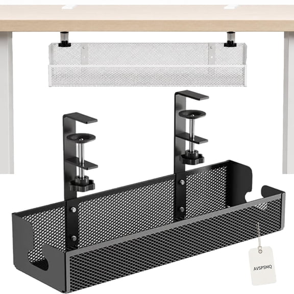Adjustable No-Drill Under-Desk Cable Organizer Clamp on Metal Mesh Tray Cord Wire Management Basket Power Strip Holder Rack for Home Office Computer Standing Desk Accessories(White,Medium)