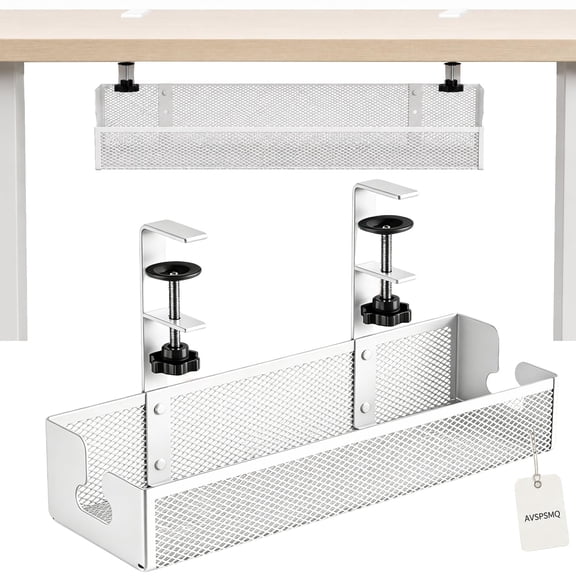 Adjustable No-Drill Under-Desk Cable Organizer Clamp on Metal Mesh Tray Cord Wire Management Basket Power Strip Holder Rack for Home Office Computer Standing Desk Accessories(White,Medium)