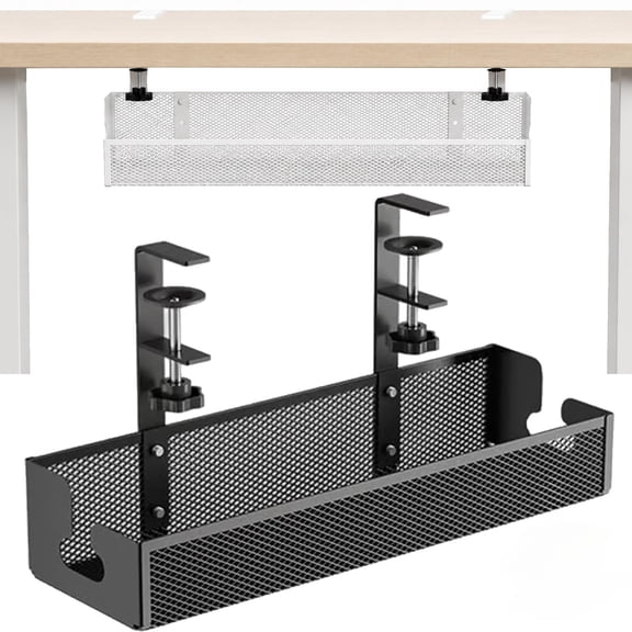 Adjustable No-Drill Under-Desk Cable Organizer Clamp on Metal Mesh Tray Cord Wire Management Basket Power Strip Holder Rack for Home Office Computer Standing Desk Accessories