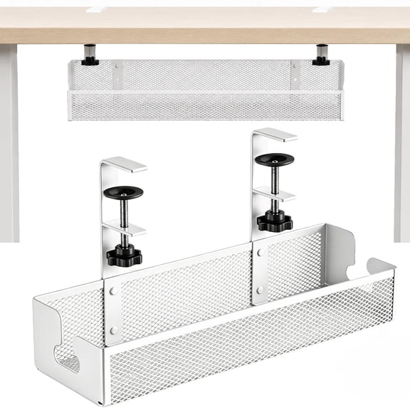 Adjustable No-Drill Under-Desk Cable Organizer Clamp on Metal Mesh Tray Cord Wire Management Basket Power Strip Holder Rack for Home Office Computer Standing Desk Accessories
