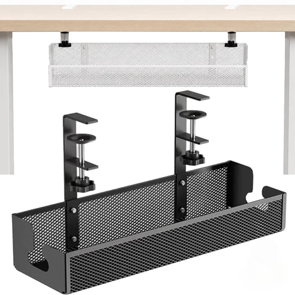 Adjustable No-Drill Under-Desk Cable Organizer Clamp on Metal Mesh Tray Cord Wire Management Basket Power Strip Holder Rack for Home Office Computer Standing Desk Accessories