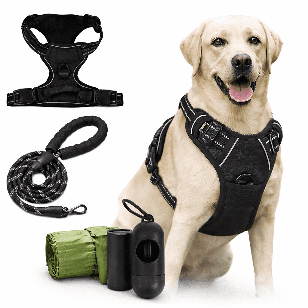 [XUQIANNNN] Adjustable Dog Harness Set, No Pull Pet Vest Harness with Leash and Waste Bag Dispenser, Reflective Walking Harness for Dogs, [Black], [S]