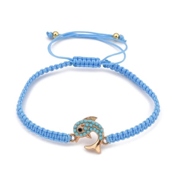 Adjustable Nylon Cord Braided Bead Stretch Dolphin Bracelet Resin Round Light Sky Gold Z146