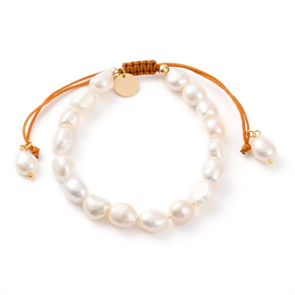 Adjustable Nylon Thread Bead Bracelets with Oval Natural Cultured Freshwater Pearl Beads and Flat Round Brass Charms Real 18K golden Plated White Inner Diameter: 2-1/8~3-1/2 inch(5.5~9cm)