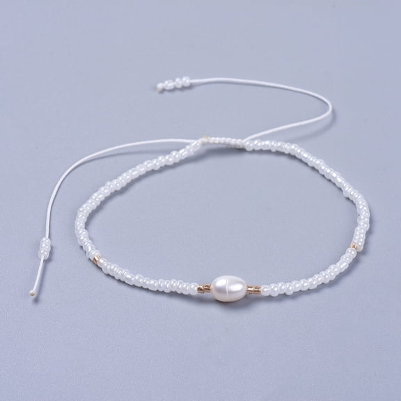 Adjustable Nylon Thread Beads Bracelets with Glass Seed Beads and Grade A Natural Freshwater Pearls White 2-1/8 inch(5.3cm)