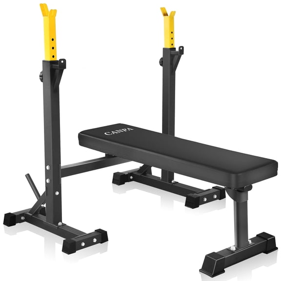 Adjustable Olympic Weight Bench Press with Squat Rack, Heavy Duty 500lbs Capacity Home Gym Equipment, Multi-Functional Barbell Stand for Bench Press and Dumbbell Exercises, Yellow
