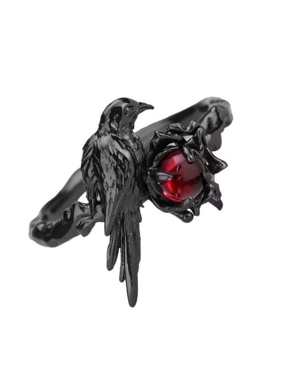 Adjustable Open Alloy Crow Rings with Red Gemstones Alternative Fashion Accessory Handmade Cosplay Jewelry Accessories