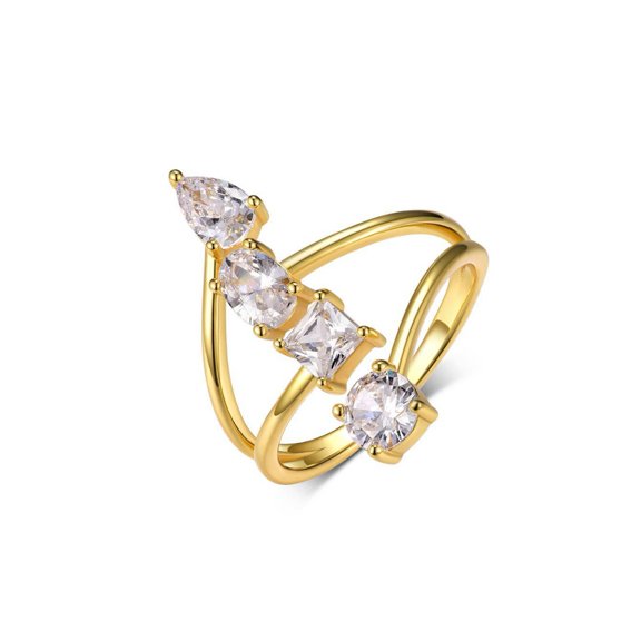 Adjustable Open-End Moissanite Ring for Women, 4-Cut Mixed Shape (Teardrop/Oval/Princess/Round) D-Color VVS1 Stones, 18K Gold Plated 925 Sterling Silver Wedding Engagement Ring