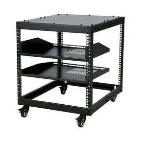 Adjustable Open Frame Server Rack 10U – Heavy-Duty Carbon Steel, 2 Vented Shelves, 4 Lockable Casters, 22-40in Depth, Free Standing or Wall Mount, for IT/AV/Data Center