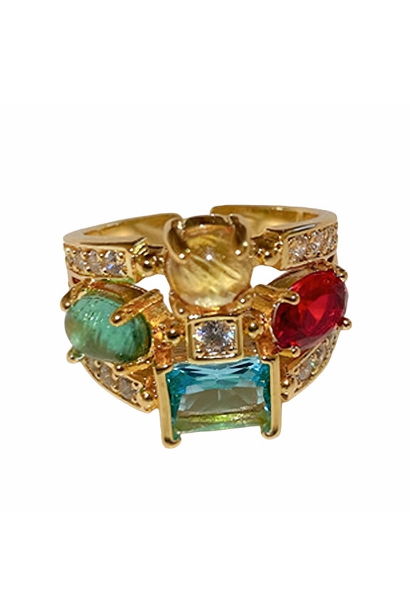 Adjustable Open Geometric Oval Ring with Multicolor Cubic Zirconia Women Jewelry