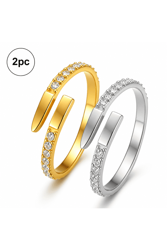 Adjustable Open Ring 2-Pack, 304 Stainless Steel Offset Round Crystal Accent Rings, Gold & Silver Stackable Minimalist Fashion Jewelry for Women & Men