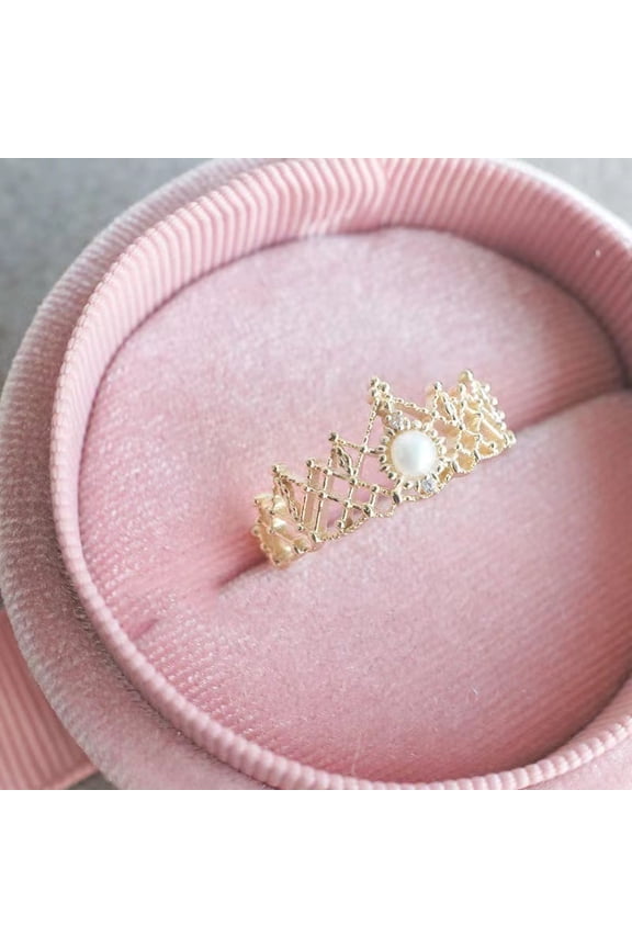 Adjustable Open Ring Crown Design with Shell Pearls and Gold Plated Inlay Birthday Gift Jewelry for Women