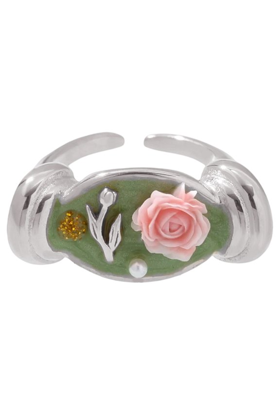 Adjustable Open Rose Design Pearls Oil Rings Sturdy Stainless Steel Jewelry Open Floral Jewelry For Women