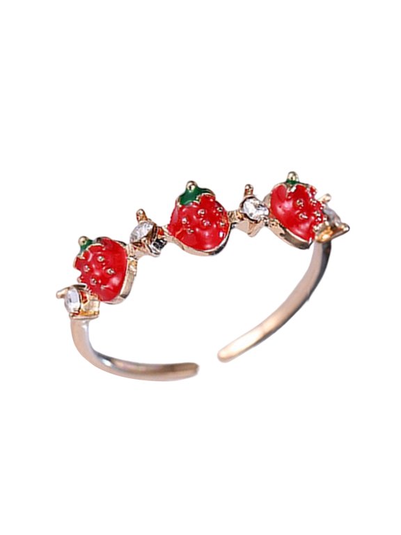 Adjustable Opening Strawberry Design Fashion Rings With Sparkling Cubic Zirconia Stones Versatile Stackable Jewelry For Daily Occasions