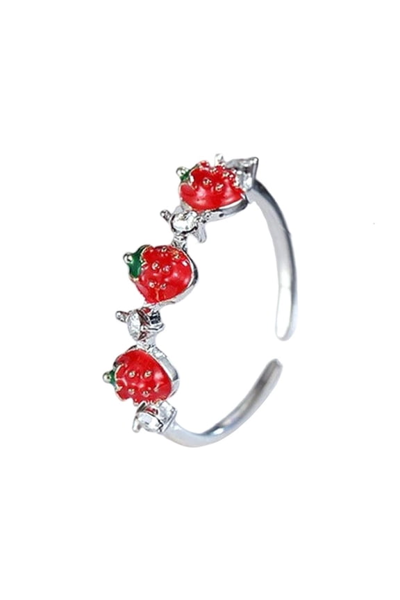 Adjustable Opening Strawberry Design Fashion Rings With Sparkling Cubic Zirconia Stones Versatile Stackable Jewelry For