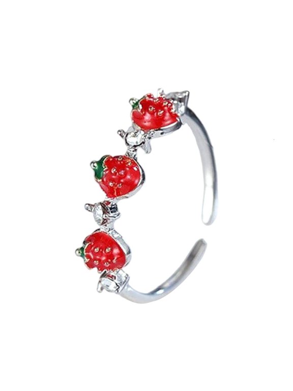 Adjustable Opening Strawberry Design Fashion Rings With Sparkling Cubic Zirconia Stones Versatile Stackable Jewelry For